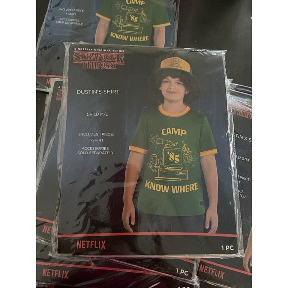 Stranger Things T- Shirt Dustin Camp Knowhere Green Ringer Kids Costume Children - Picture 8 of 11